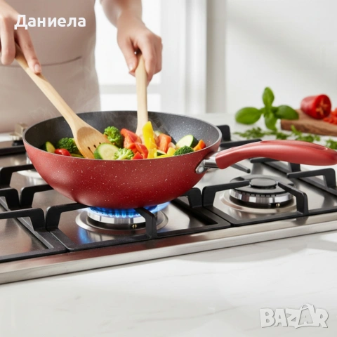 Уок тиган Voltz OV54420A28 Ø28 см – мраморно незалепващо покритие, индукционен, червен, снимка 2 - Други стоки за дома - 53045001