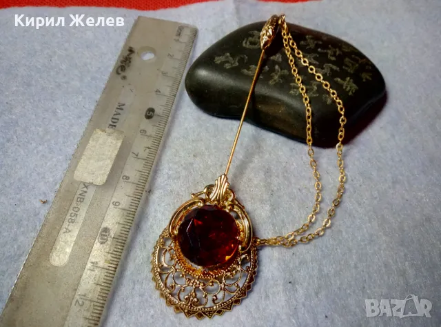 ШАРМАНТНА АРИСТОКРАТИЧНА ПОЗЛАТЕНА РЕТРО СТИЛ БРОШКА АРТ ИГЛА ЗАБОДКА с ФАСЕТИРАН ЦИТРИН 48808