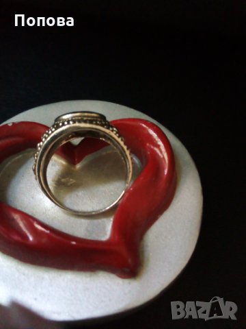 Уникален старинен сребърен пръстен с тюркоаз, корал и седеф, снимка 3 - Пръстени - 29026292