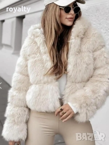 Бежово късо пухкаво палто с качулка, снимка 2 - Палта, манта - 51966299