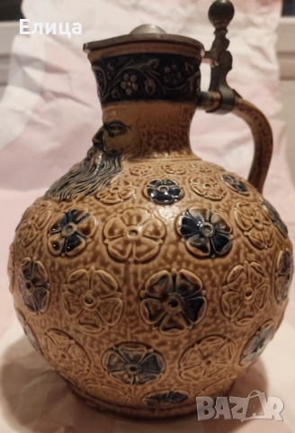 Колекционерска кана Bartmann jug 1558 от керамика с метален капак., снимка 4 - Антикварни и старинни предмети - 52643313