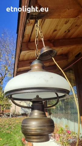 Масивен старинен месингов полилей с голяма куполна стъкленица , снимка 3 - Полилеи - 52805982