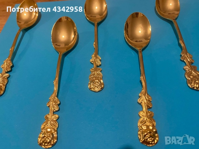 Чаени лъжички "Hildesheim Rose", неръждаема стомана, позлатени с 20-каратово злато, 1950-1960, снимка 3 - Антикварни и старинни предмети - 52899783