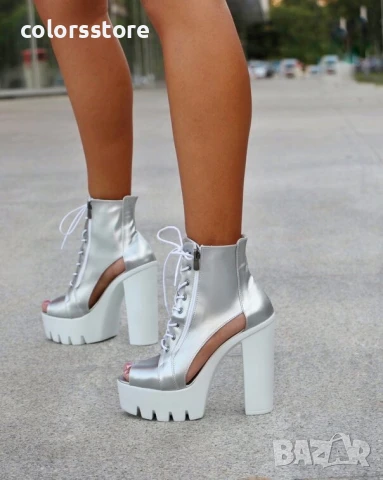 Летни боти на ток - сребриста кожа с бяло ходило - 74

