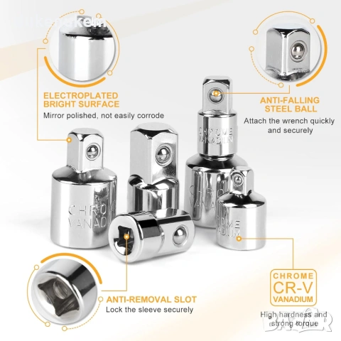 Комплект адаптери за вложки 1/4", 3/8", 1/2" – 5 броя Cr-V стомана, снимка 4 - Други инструменти - 53131120