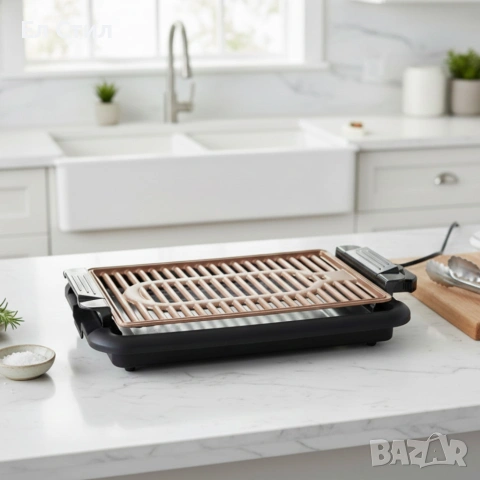 Бездимна скара OV51015N–200W, незалепваща плоча 37.8×25 см, термостат и тава за мазнина, снимка 2 - Скари - 53574200