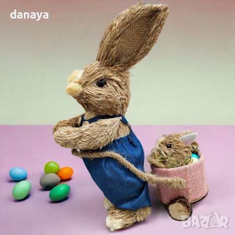 4400 Декоративен великденски заек с каручка и малко зайче, 30 см, снимка 5 - Декорация за дома - 43955457
