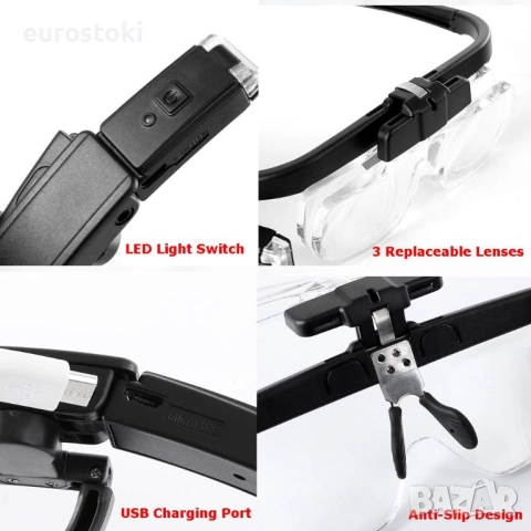 Лупа очила с LED светлина за работа отблизо, USB акумулаторна лупа за глава, снимка 6 - Други инструменти - 52484597