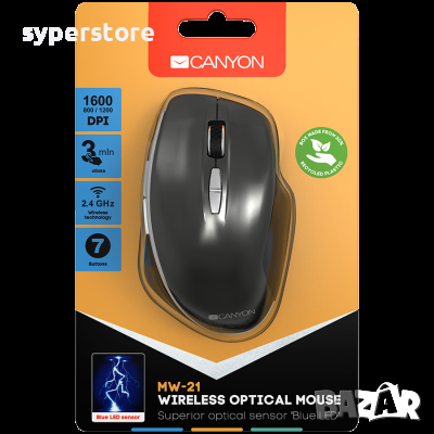 Мишка Безжична CANYON CNS-CMSW21DG 1600dpi 7btn Тъмно сива LED сензор Технология Blue LED, снимка 4 - Клавиатури и мишки - 36506143