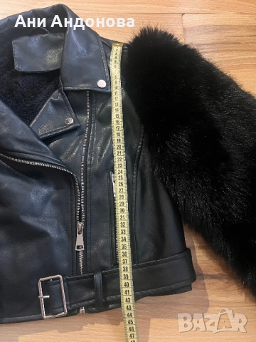 Кожено яке с косъм по ръкавите, снимка 4 - Якета - 52511125