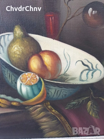 Rens 100х80см/стара голяма картина масло върху платно/натюрморт/маса-съдове-плодове/дървена рамка, снимка 5 - Картини - 51846103
