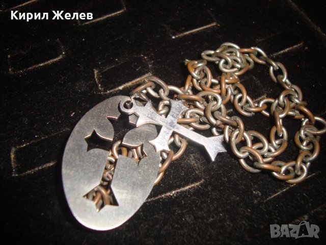 АРТ КРЪСТ от НЕРЪЖДАЕМА СТОМАНА с МЕДНА ПОСРЕБРЕНА ВЕРИЖКА 20754, снимка 4 - Колиета, медальони, синджири - 32228245