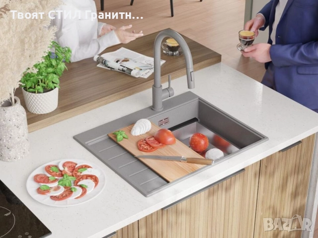 Сива гранитна кухненска мивка Сидни 620-45 Ergo Multilevel 620х500, снимка 4 - Мивки - 51918107