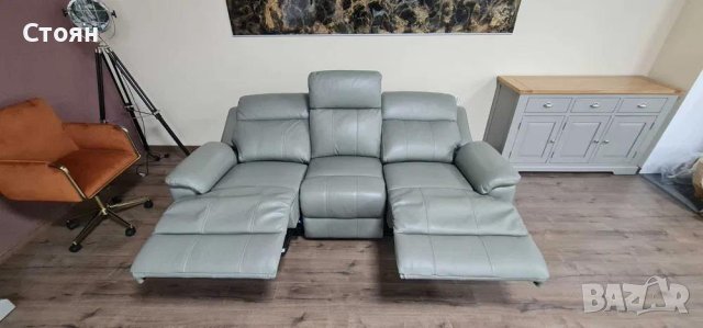 Сив кожен диван тройка "Moreno" с ръчен релаксиращ механизъм, снимка 12 - Дивани и мека мебел - 43896361