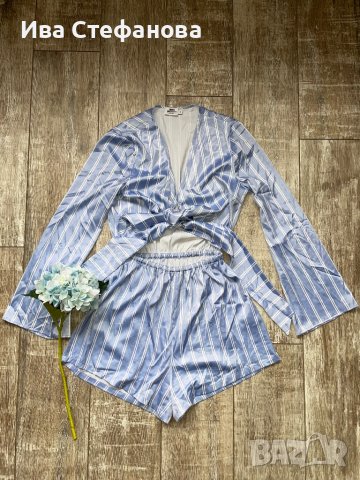 Разкошен летен сатенен син гащеризон сет от две части панталон висока талия топ комплект 2в1, снимка 4 - Гащеризони - 40236228