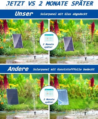 Соларен фонтан 7.5W с филтър, 10 дюзи, защита от сух ход и стъклен соларен панел, снимка 8 - Градински мебели, декорация  - 52521054