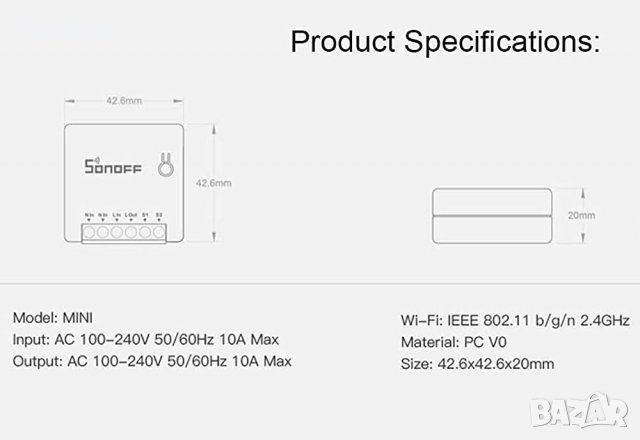 SONOFF MINI – Wi-Fi DIY Смарт прекъсвач 10A AC100-240V, снимка 3 - Друга електроника - 34878106