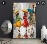 Платнена Стенна Декорация - Три Жени Танцуват в Дъжда с Цветни Чадъри, снимка 1