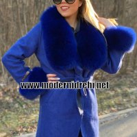 Дамско палто кашмир и лисица тъмно синьо, снимка 1 - Палта, манта - 27580434
