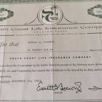 Сертификат за притежание на 26 акции (САЩ) | South Coast Life Insurance | 1963г., снимка 4 - Други ценни предмети - 34876308