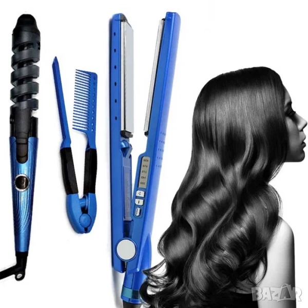 Комплект преса за изправяне, маша за къдрене и гребен за коса 3 в 1, снимка 1