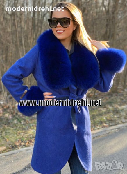 Дамско палто кашмир и лисица тъмно синьо, снимка 1