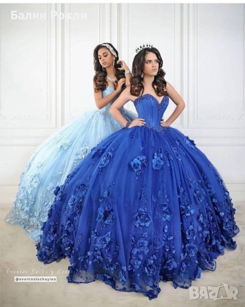 Бална рокля с 3 Д цветя в синьо, снимка 1