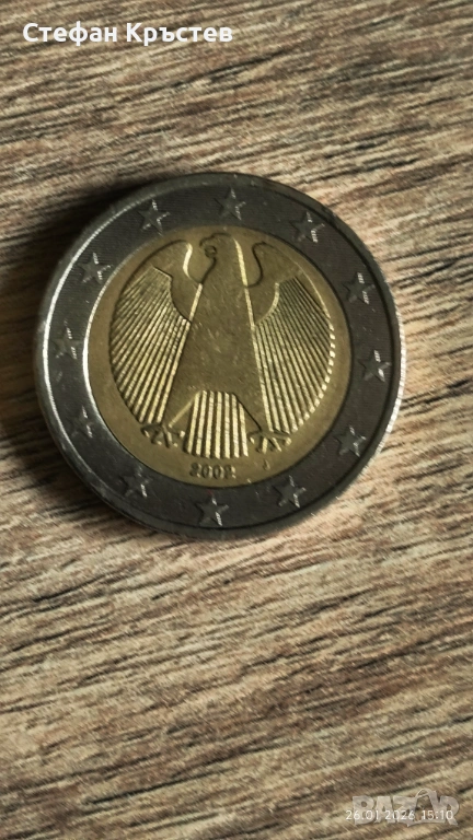 Рядка монета 2 евро Германия 2002 г., монетен двор J (Хамбург)., снимка 1