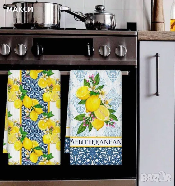 Прекрасен комплект от 2 бр. кухненски кърпи във винтидж ярък десен с лимони, снимка 1