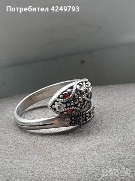 сребърен пръстен с гранати и маркизити , снимка 1