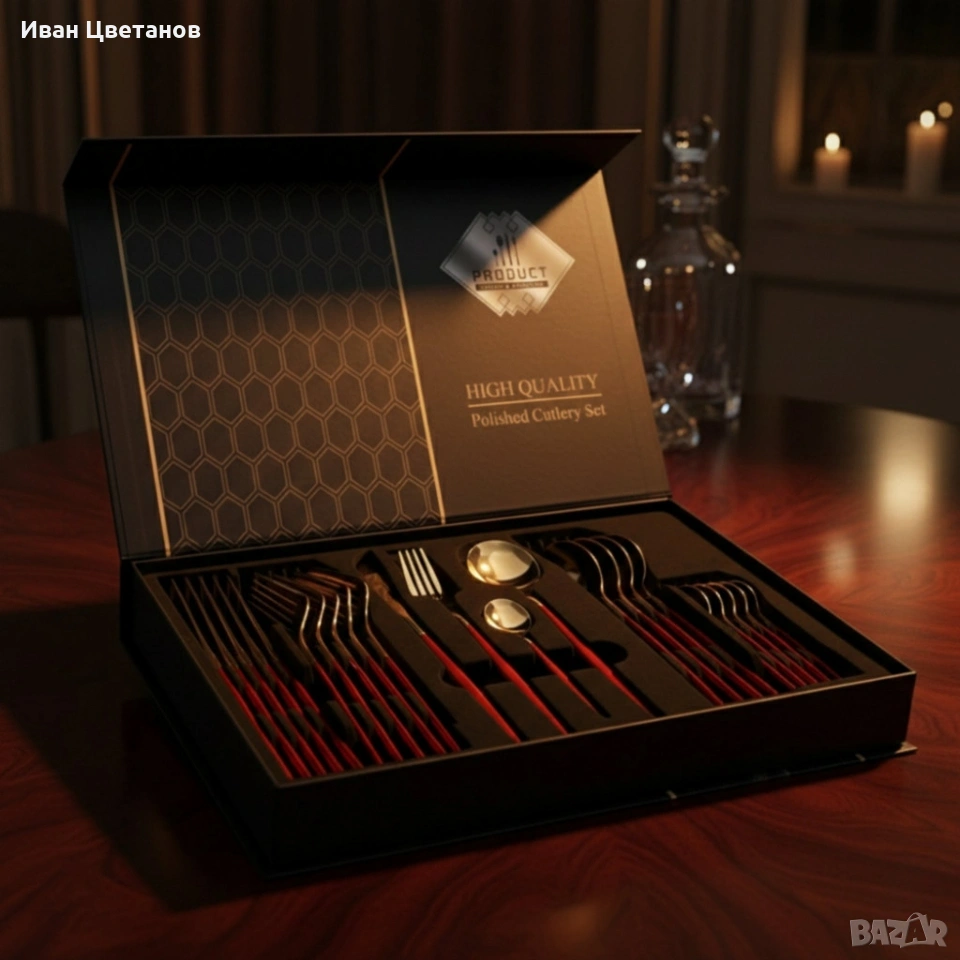 Комплект прибори за хранене от 24 части с луксозен дизайн и магнитна кутия златисто с червено KN2, снимка 1