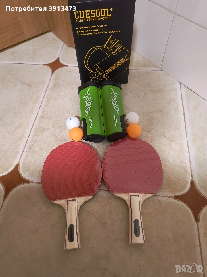Чисто нов комплект за тенис на маса CUESOUL включва 2 хилки 4 топчета и мрежа, снимка 1