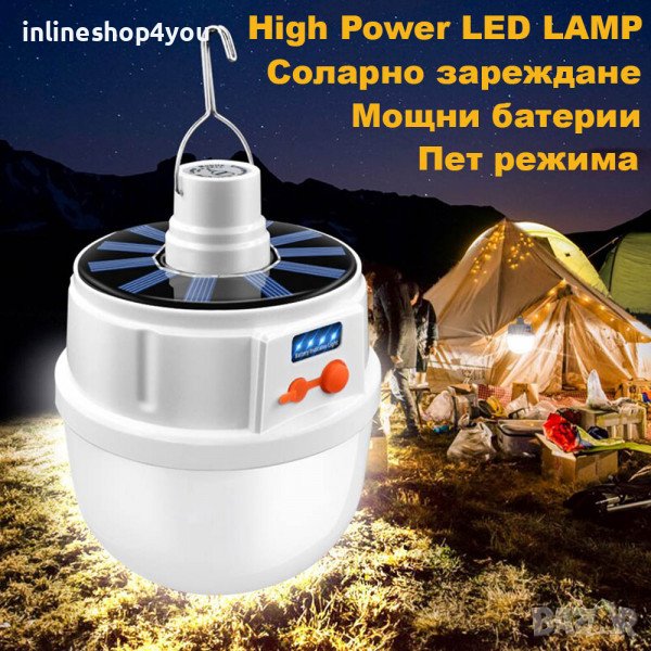 Мощна соларна къмпинг LED лампа за окачване Т2022 с пет режима на светене, BFO, снимка 1