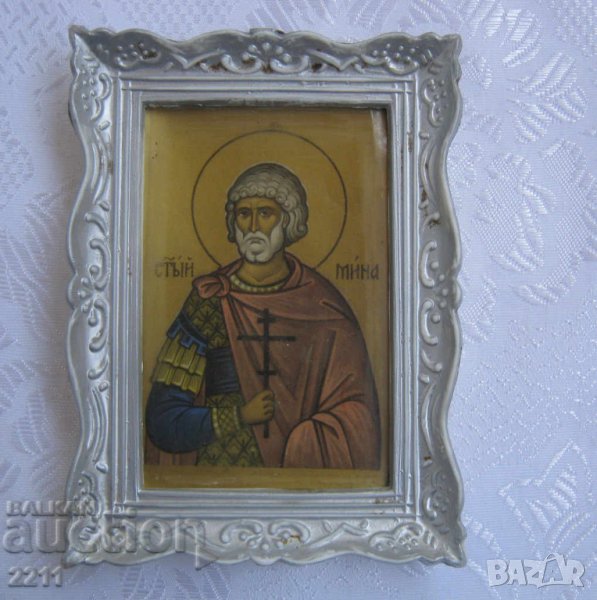  Стара икона св. Мина, принт с рамка, снимка 1