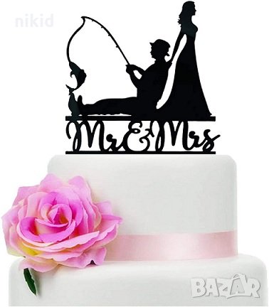 Младоженци рибар пластмасов топер табела украса декор за торта сватба сватбен , снимка 1