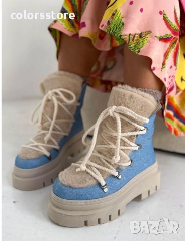 Боти на платформа - бежово със синьо - BPUH1, снимка 2 - Дамски боти - 43152285