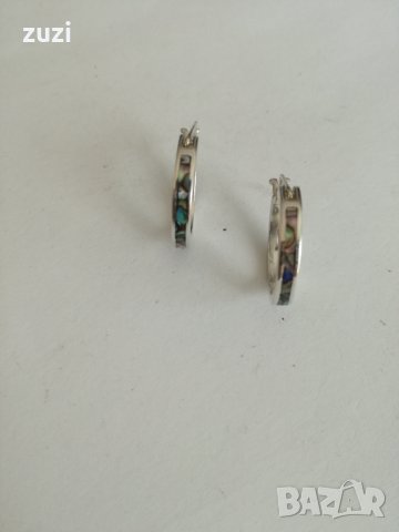 Сребърни обеци халки с цветен седеф. Сребро проба 925. 