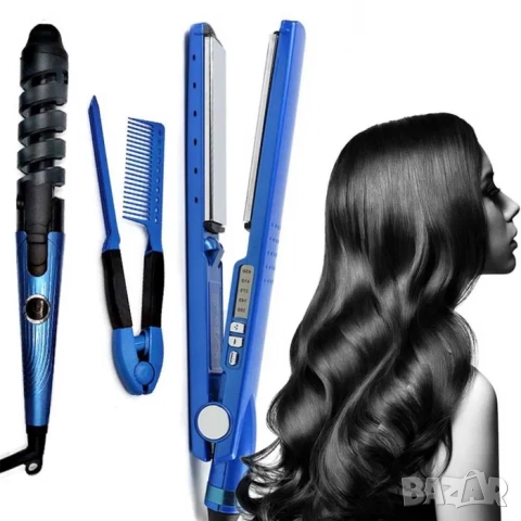 Комплект преса за изправяне, маша за къдрене и гребен за коса 3 в 1