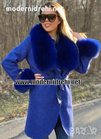 Дамско палто кашмир и лисица тъмно синьо, снимка 1 - Палта, манта - 27580434