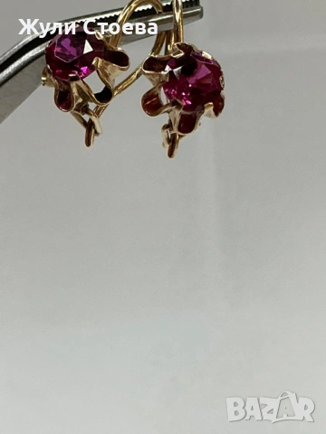 Руски златни обеци със синтетични рубини, снимка 2 - Обеци - 53065018
