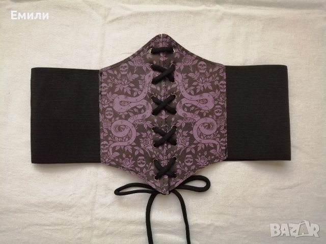 Черен корсет колан за талия с връзки в лилав/розов принт черепи, рози и змии , снимка 16 - Корсети, бюстиета, топове - 43330587