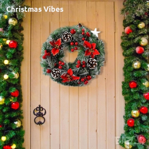 Коледен венец за декорация с шишарки и изкуствени коледни звезди, снимка 2 - Декорация за дома - 52081542