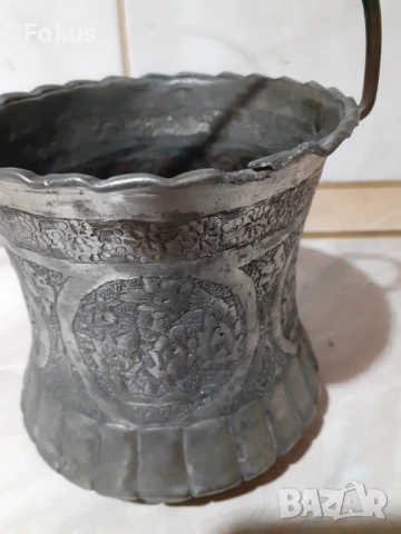 Стар османски меден съд бакър канче чеканено и гравирано, снимка 2 - Антикварни и старинни предмети - 51074698
