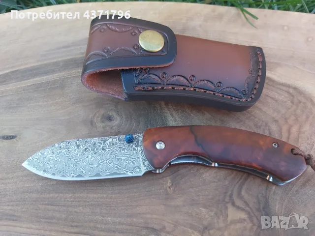 Японски сгъваем ловен нож DAMASKUS X10 с калъф от телешки бланк