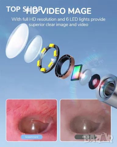 Професионален смарт отоскоп ScopeAround Otoscope Ear Camera, WiFi, снимка 3 - Уреди за диагностика - 48483362