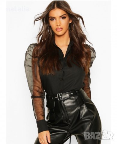 Черна дамска блуза с ръкави от шифон, снимка 2 - Блузи с дълъг ръкав и пуловери - 35035254
