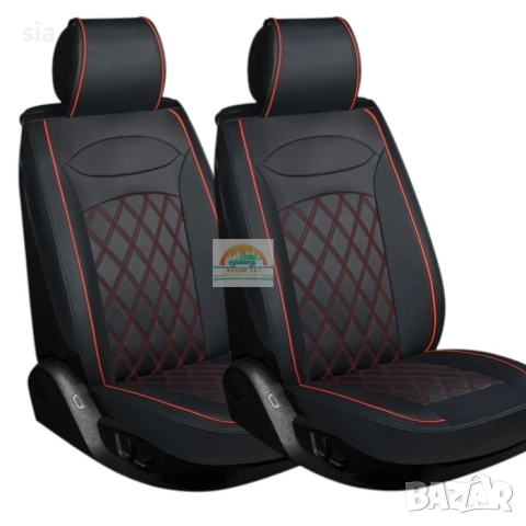 Кожена тапицерия за кола за предни седалки, Подложки, 2бр, Еко кожа, Черен с червен конец