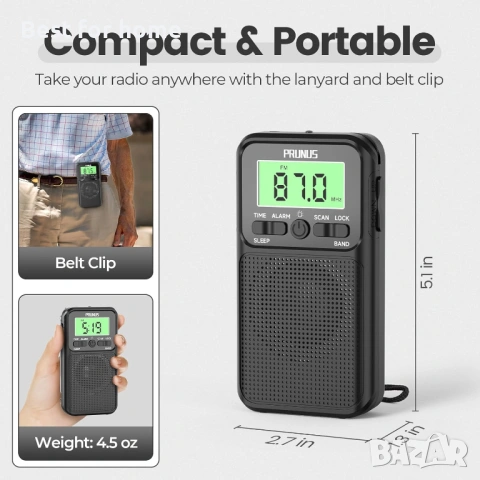 Портативно джобно радио PRUNUS J-128 – FM/AM, DSP чип, аларма и таймер за заспиване, снимка 2 - Радиокасетофони, транзистори - 53276463