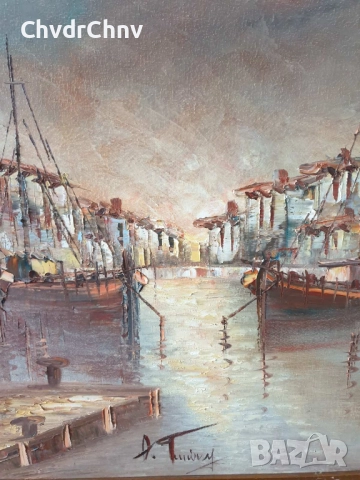 86х66см/голяма картина масло върху платно/морски пейзаж/селски къщи-рибарски лодки, снимка 4 - Картини - 52549485