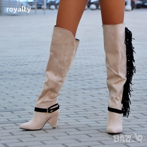 Ботуши на ток - бежов велур, снимка 3 - Дамски ботуши - 52282528